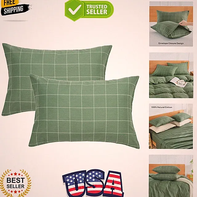100% Natural Cotton Plaid Standard Pillowcases Set, 2 Pack White with Green G...