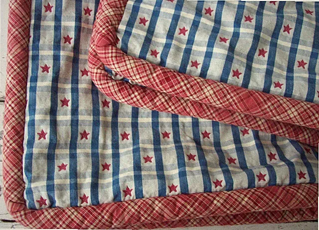 2 Custom Americana Std Pillow Shams~Red Stars on Blue Plaid~Red Plaid Rope Trim