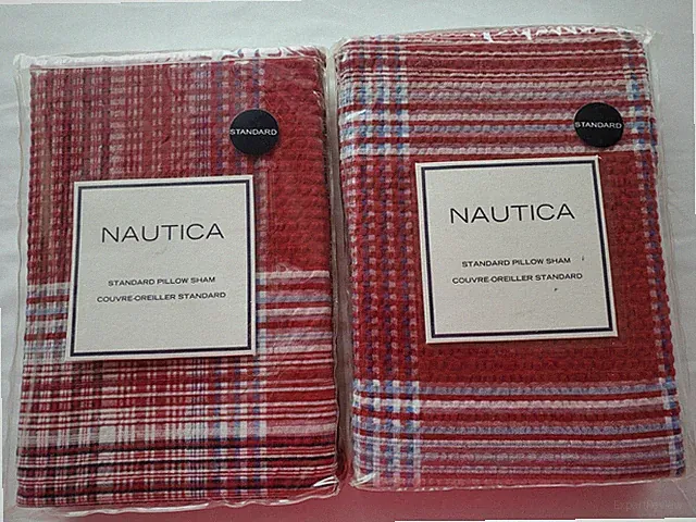 2 NAUTICA HUNINGTON Red Reverse Plaid Standard Shams NIP