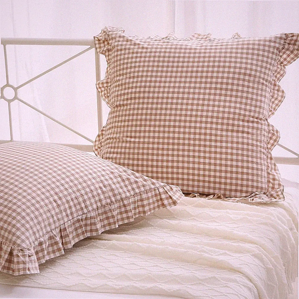 2 Pack Taupe White Plaid Ruffle Square Euro Pillow Shams, 100% Washed Cotton Gin