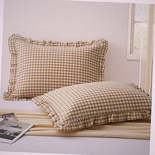 2 Pcs Plaid Ruffle Pillow Case 26" x 20" (Pack of 2) Taupe/White Plaid