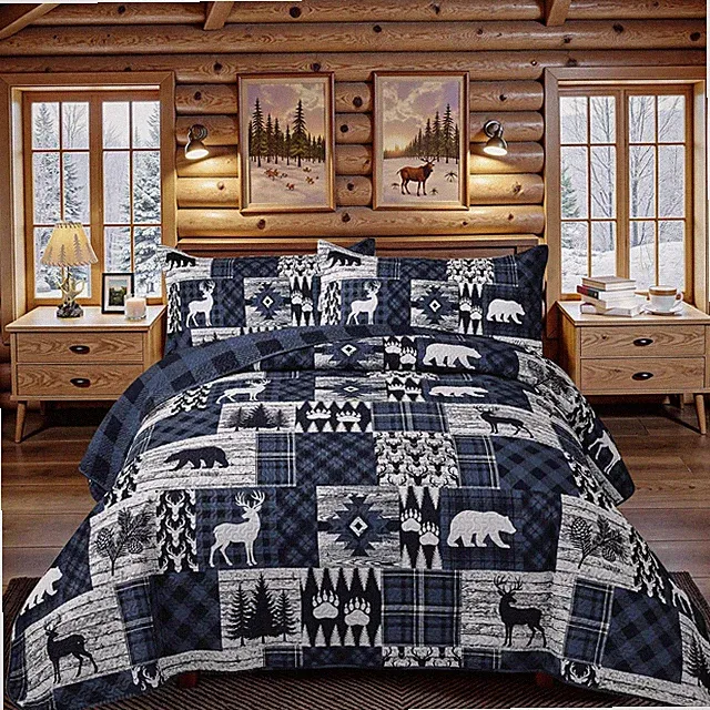 3 Piece Cabin Full/Queen Quilt Sets Farmhouse Rustic Reversible Microfiber Soft