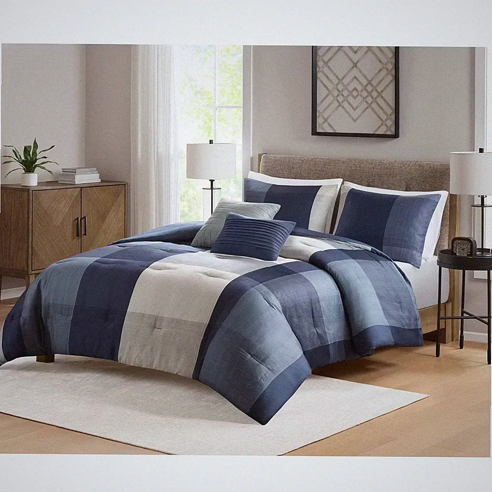 5pc Queen Plaid Bedding Set Blue