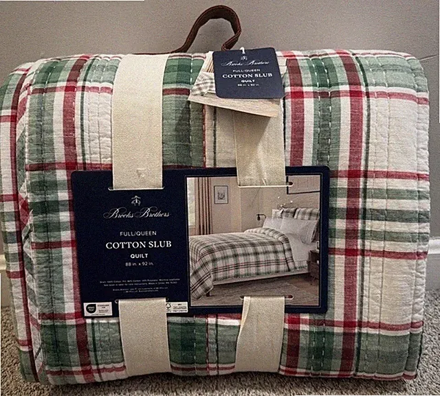 Brooks Brothers Cotton Slub Quilt Full / Queen Cozy Plaid Pattern White Red NWT