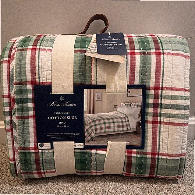 Brooks Brothers Red, Green, White Plaid Christmas Cotton Slub Full/Queen Quilt