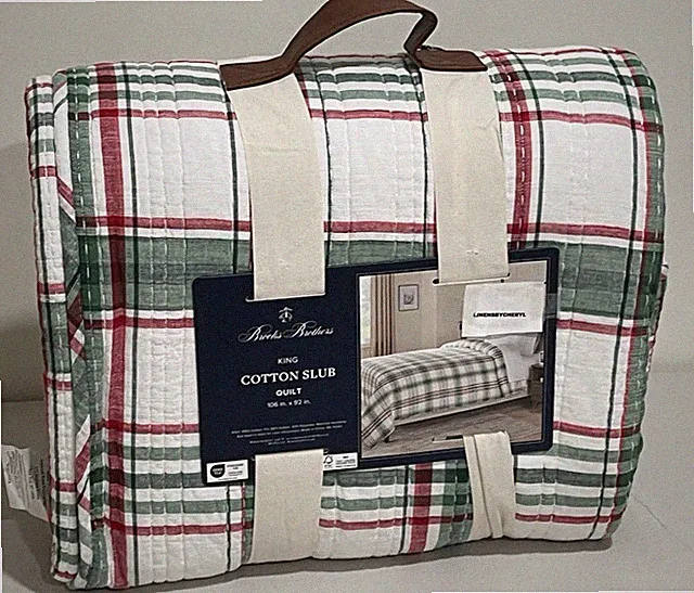 Brooks Brothers Red, Green & White Plaid Cotton Slub KING Quilt
