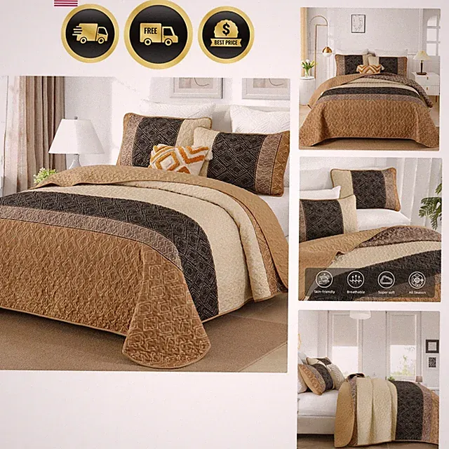 Brown Quilt Set King Size 3 Pieces,Boho Striped Bedspread,Farmhouse Plaid Bed...