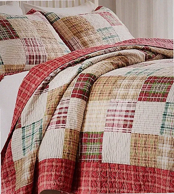 COUNTRY RED PLAID QUILT SET : FARMHOUSE OXFORD STRIPE GREEN MADRAS CHRISTMAS
