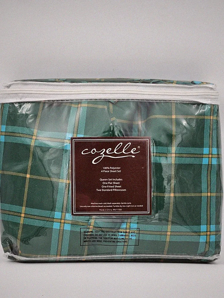 COZELLE Queen 4 Piece Sheet Set 100% Polyester Green Tartan Vintage