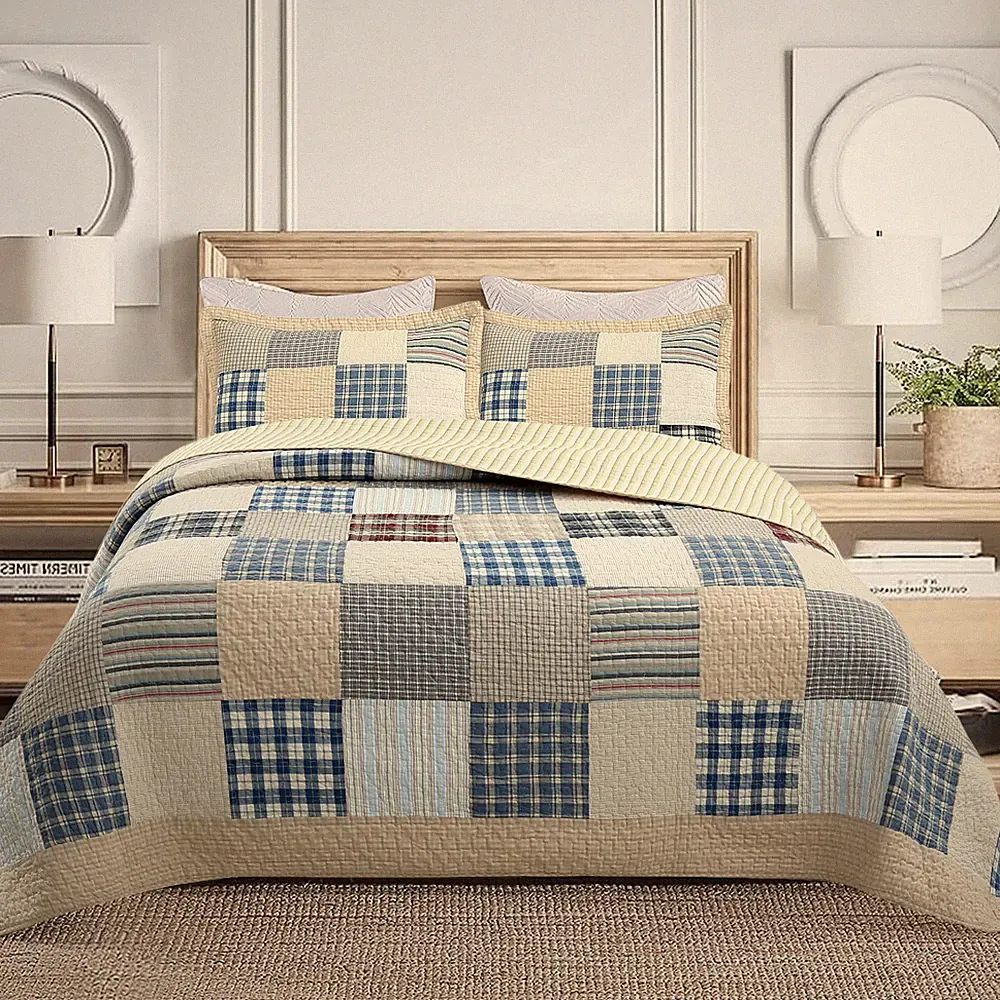 Cozy Line Tattersall Blue Tan Tartan Plaid Patchwork Quilt Bedding Set (3 piece)