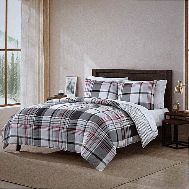 Eddie Bauer Suede Textured Comforter & Sham Sets (Normandy Plaid-Black Red) F/Q