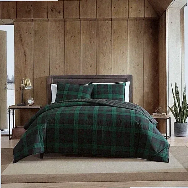Eddie Bauer Woodland Tartan 2-Piece Green Plaid Cotton Twin Duvet Cover Sham Set