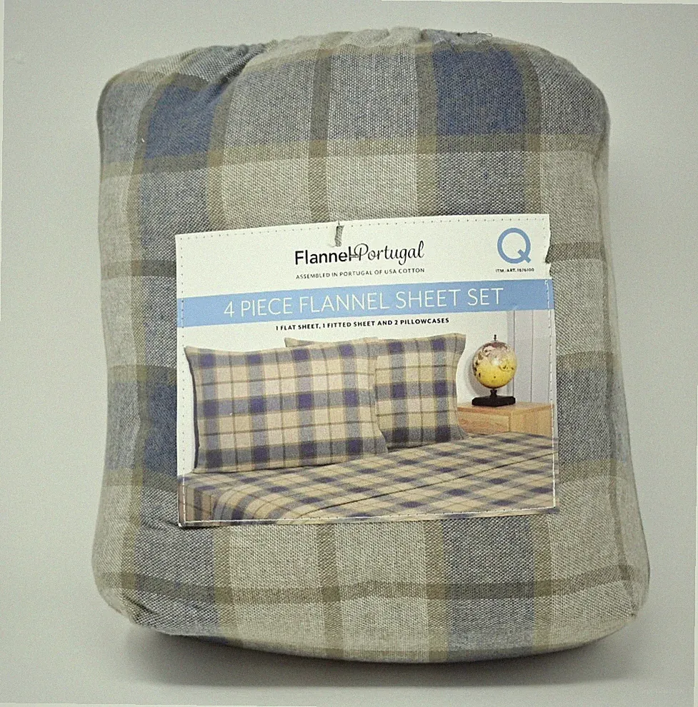 Flannel From Portugal Brown Plaid Flannel Sheet Set 4 Piece Queen 100% Cotton