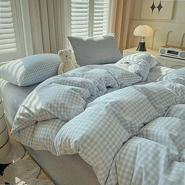 Gingham Duvet Cover King Size Blue White Plaid Checkered Comforter Cover 3 Pc...