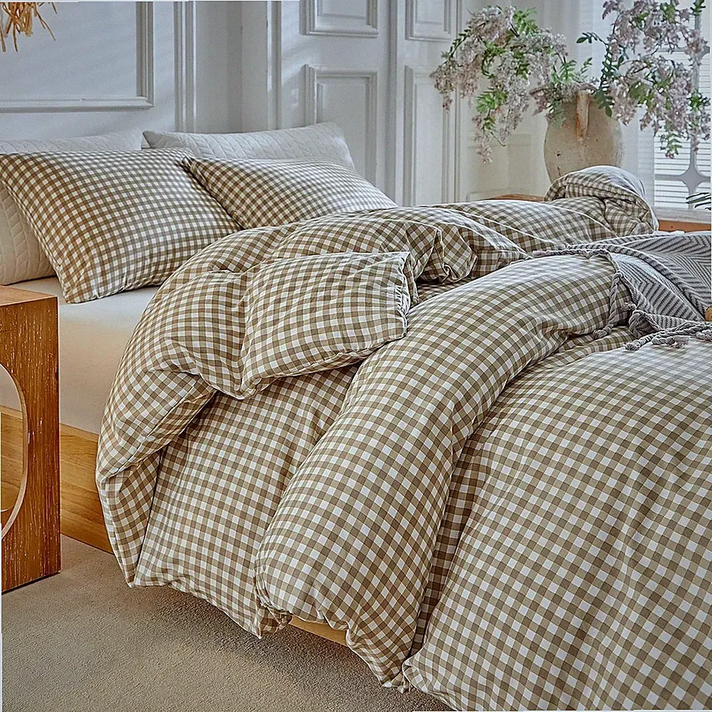 King Size Tan Gingham Duvet Cover Set 3 Pieces Soft Plaid Reversible Bedding