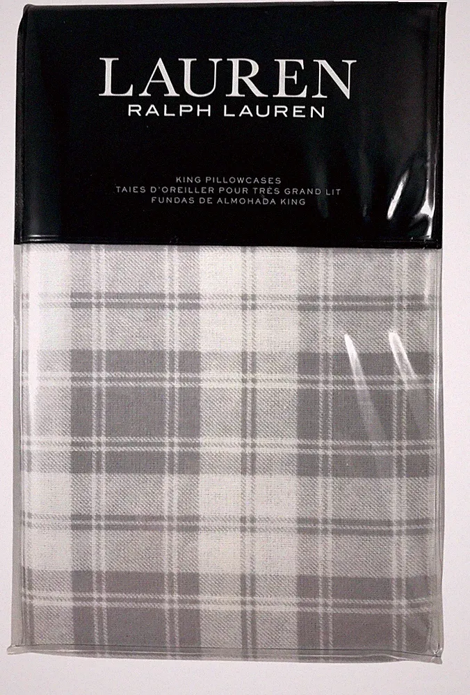 LAUREN by Ralph Lauren GRAY ULSTER PLAID (KING SIZE) PILLOWCASES $85 MSRP NEW!