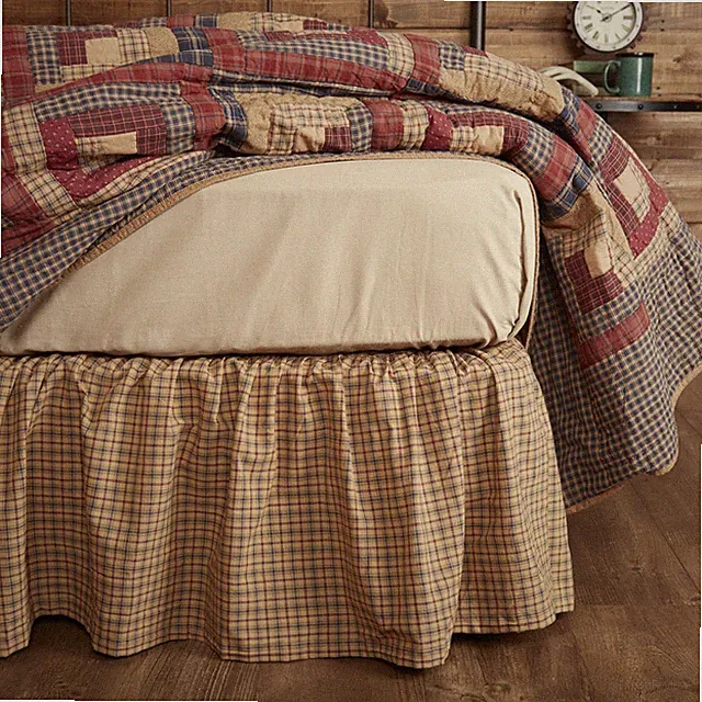 Millsboro Rustic King Bed Skirt Khaki Burgundy Navy Plaid 78x80x16" VHC Brands