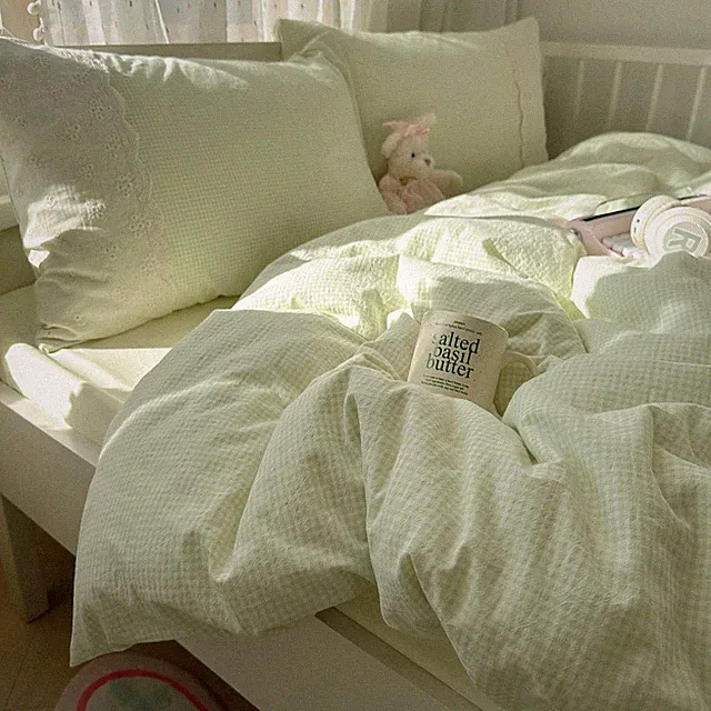 mixinni Green Gingham Duvet Cover King Size - 3 Piece Cottagecore Plaid Beddi...