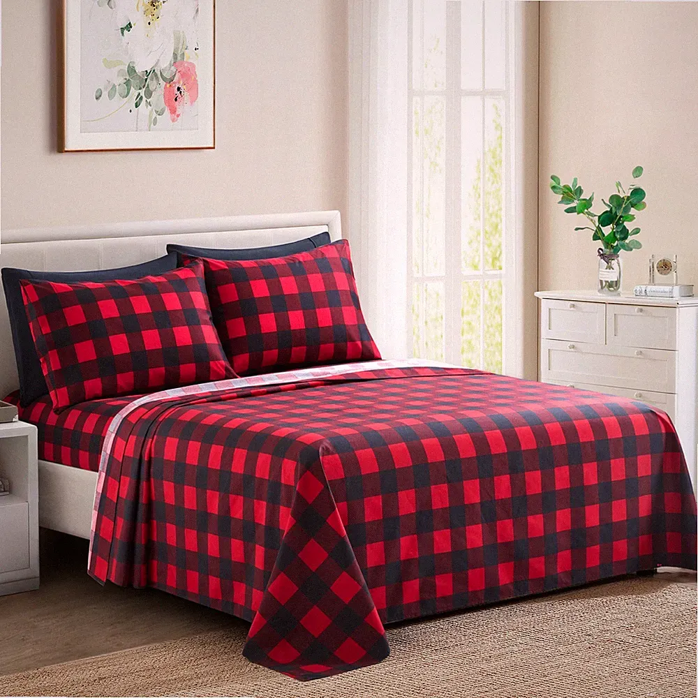 Modern Rayon from Bamboo Printed Soft Bedding 6 Piece Sheet Set, Red Black Plaid