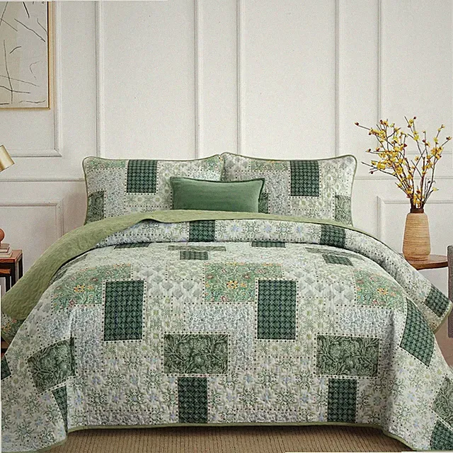 Patchwork Quilt Set King Size 3 Pieces Plaid Floral Bedspread Coverlet S