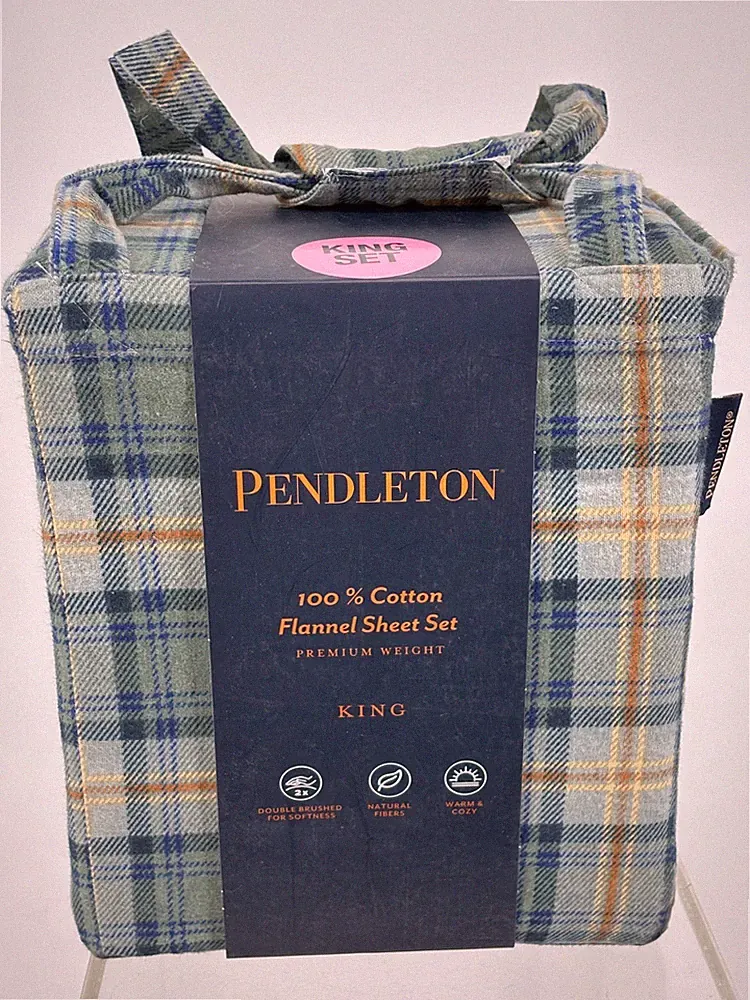 Pendleton Flannel Sheet Set King Set Green Tartan Plaid Cotton Premium Weight