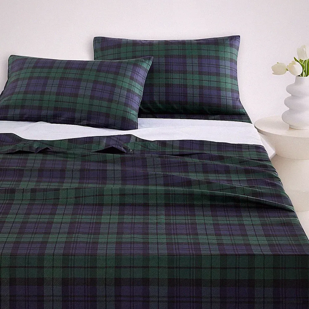 Plaid Bed Sheets, 4-Piece Sheet Set, Scottish Tartan Queen Dark Green