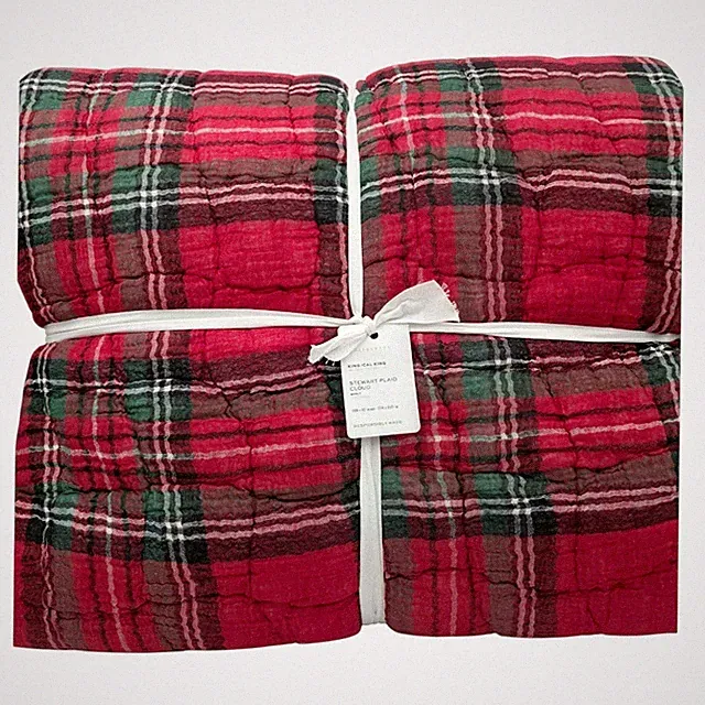 Pottery Barn Stewart Plaid Cloud King Quilt Red Green Holiday Christmas Bedding
