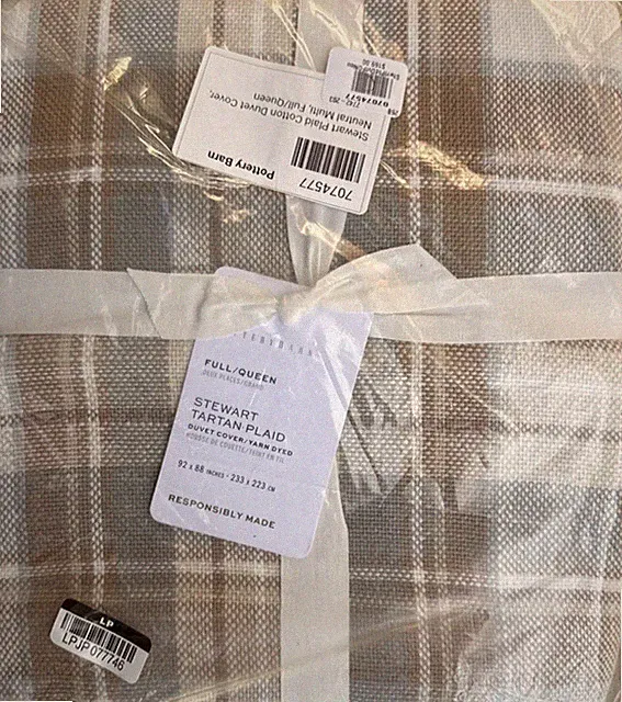 Pottery Barn Stewart Plaid Cotton Duvet Cover - Neutral - New