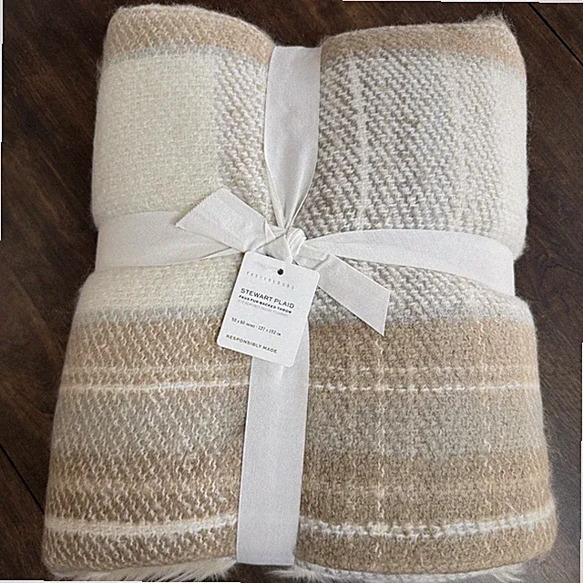 POTTERY BARN STEWART PLAID FAUX FUR BACK THROW BLANKET 50 X 60" ~ NEUTRAL BEIGE