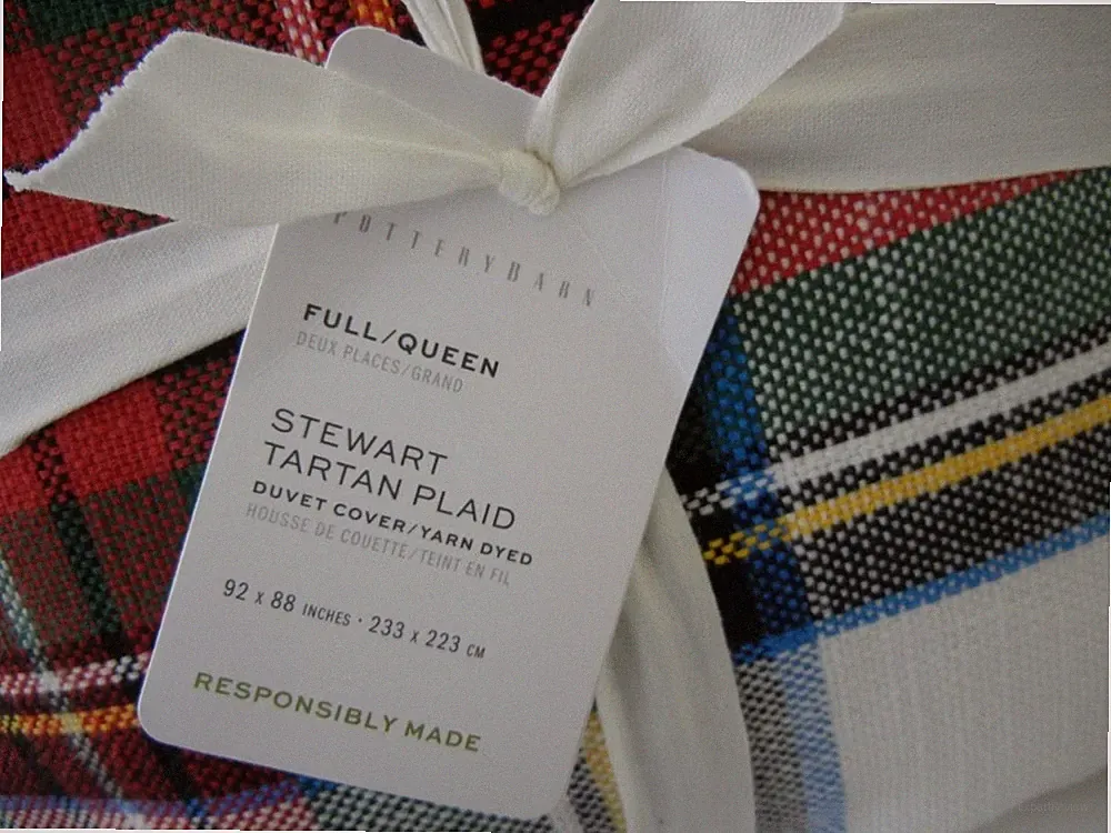 POTTERY BARN STEWART TARTAN PLAID RED WHITE MULTI COTTON FULL/QUEEN DUVET COVER