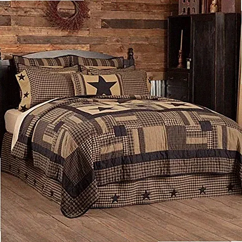 Primitive Queen Quilt Set Black Appliqued Check Star Cotton VHC Brands