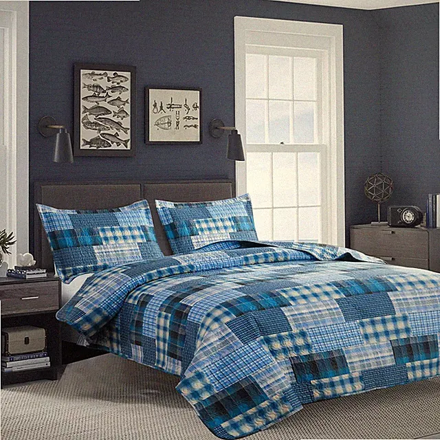 Quilt Set Queen Size Bedspread Coverlet Blue Plaid Patchwork Quilt Bedding Mens