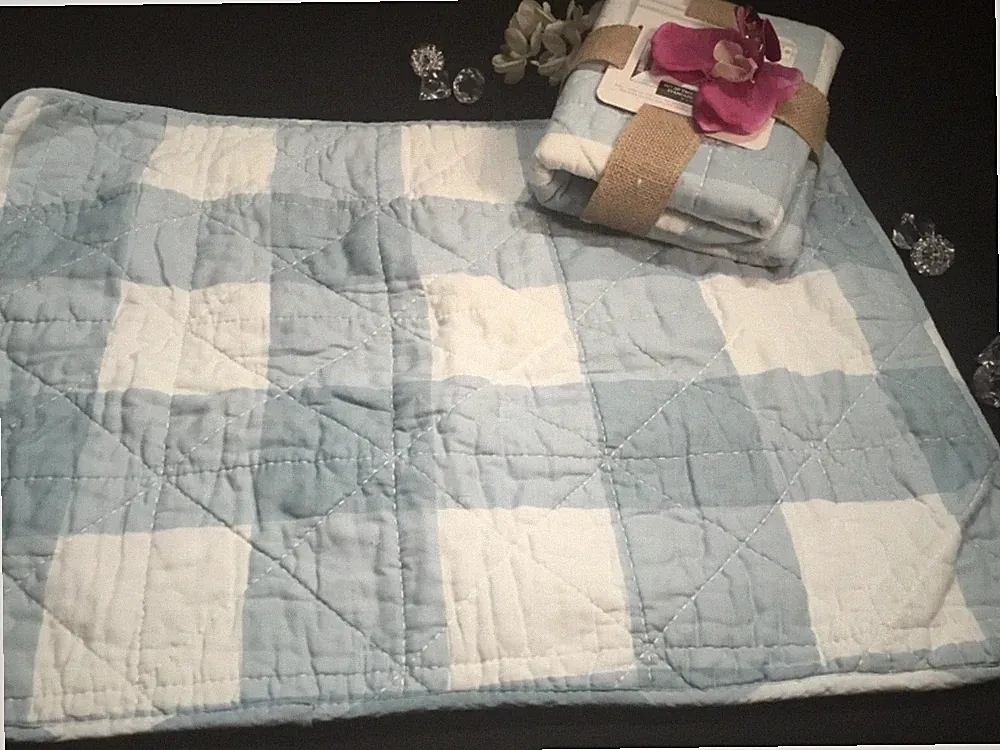 RACHEL ASHWELL FARMHOUSE Pillow Shams 2PK STANDARD Blue Gingham Plaid Quilted
