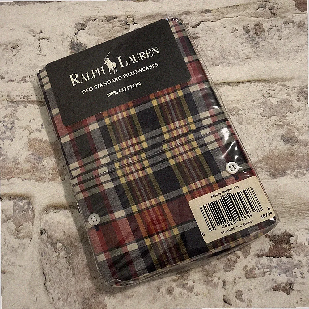 Ralph Lauren MADRAS Plaid 2 Pillowcases w/ Buttons Kennebunkport NOS 90’s New