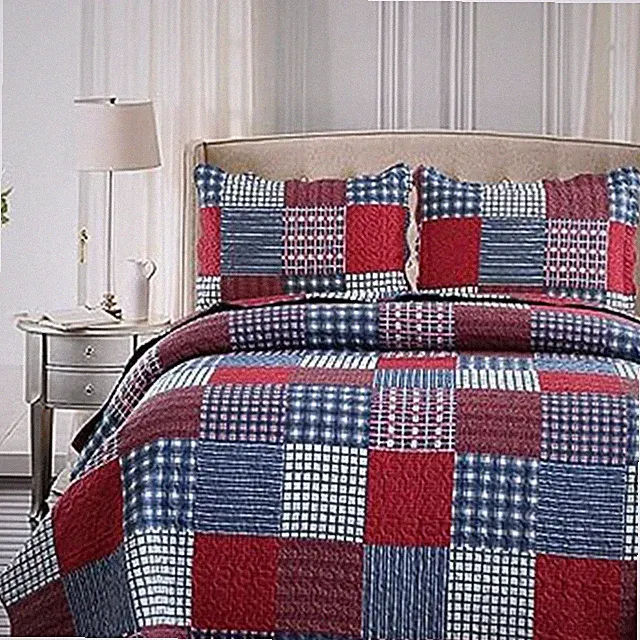 Red Blue Plaid Quilt Set Full/Queen Size Country Patchwork Bedding Lightweight R