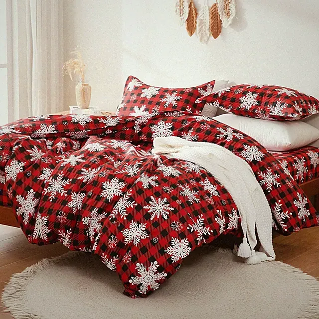 Red Buffalo Plaid Snowflakes Duvet Cover Set King Size, 3 Piece Christmas Winter