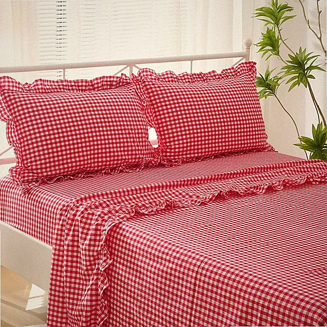 Red White Plaid Ruffle Sheets Size 4-Piece Set, 300TC Queen Red/White Plaid