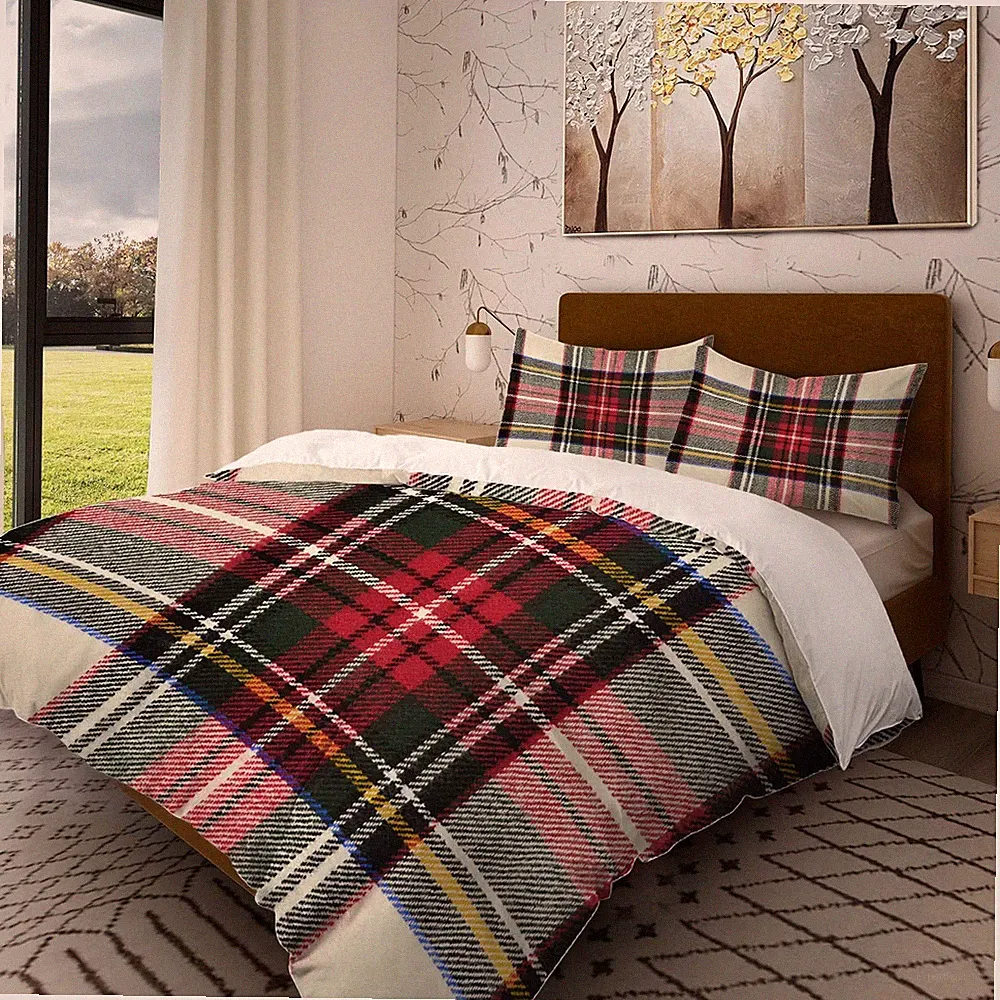 Scottish Tartan Queen Bedding Set, Soft Green Plaid Duvet Cover for All Seasons