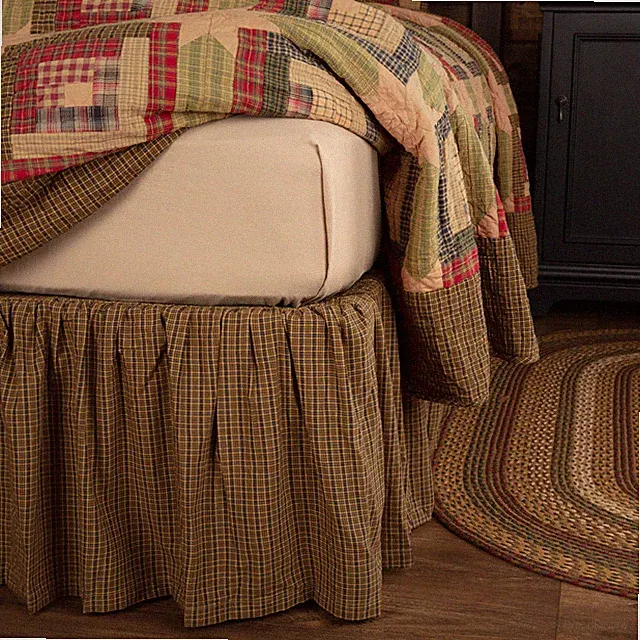Tea Cabin Rustic Queen Bed Skirt Green Chartreuse Navy Plaid 60x80x16 VHC Brands