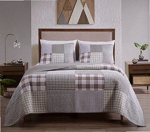 Windowpane Washed Cotton Coverlet Bedspread Buffalo Plaid Patchwork Quilt Set