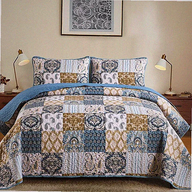 WONGS King/Queen 3-Pcs Quilt Set-Patchwork Plaid Paisley Microfiber Coverlet